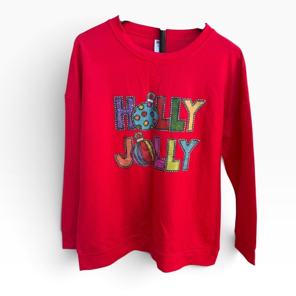 Holly Jolly Christmas Sweatshirt Women's M Red Ornament Graphic Holiday Pullover